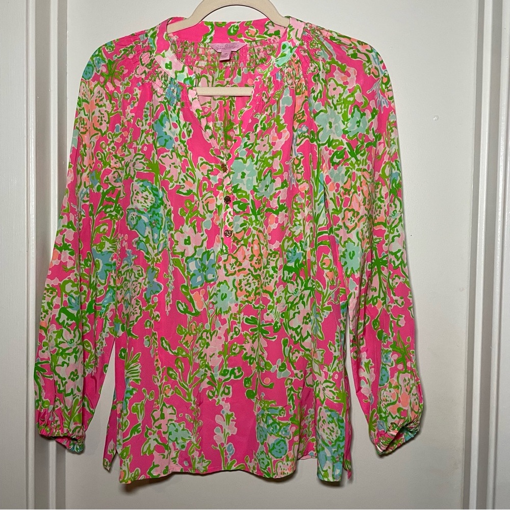 Lilly Pulitzer floral pink and green silk top